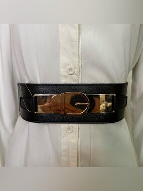 Black PU leather elastic waistband skinny belt with gold tone buckle detail